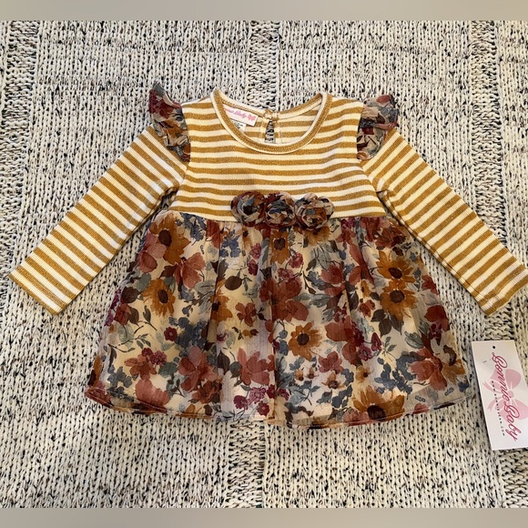 Bonnie Jean Bonnie Baby Striped Floral Rosette Dress in Mustard Size 12 Mo NWT - Picture 3 of 6